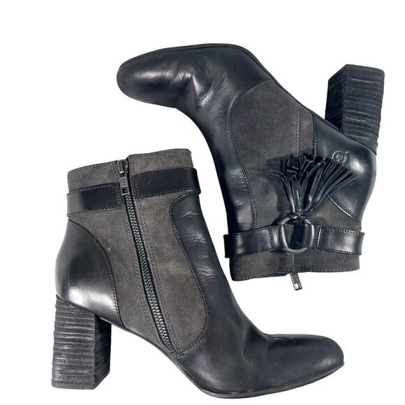 BORN! BLACK GENUINE LEATHER & GRAY SUEDE ANKLE HARNESS CHUNKY HEEL BOOTS! SZ 9M - Picture 7 of 11